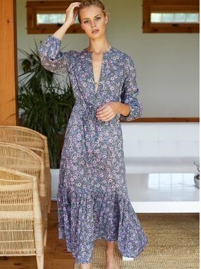 Emerson Fry Frances Dress Purple Pink Wildflower Block Print Organic Cotton XS